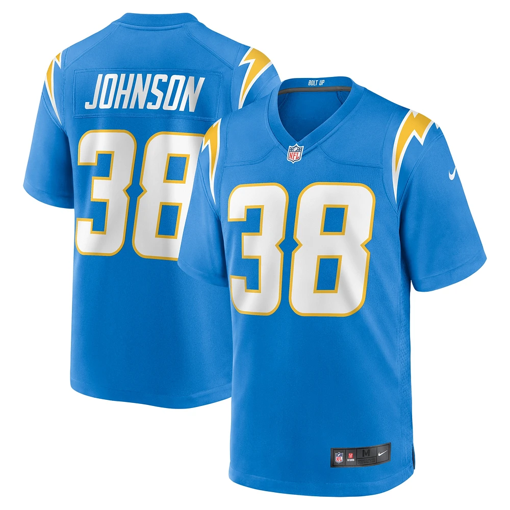 Maillot de jeu d'équipe Nike Emany Johnson bleu poudre pour homme des Los Angeles Chargers