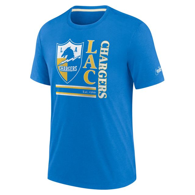 T-shirt en trois mélanges Nike Los Angeles Chargers Wordmark Logo pour homme, bleu poudré