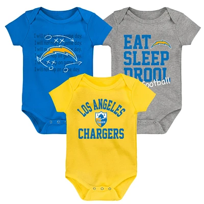 Lot de trois bodys rétro Eat, Sleep & Drool Los Angeles Chargers pour nouveau-nés et nourrissons dorés/bleu poudré