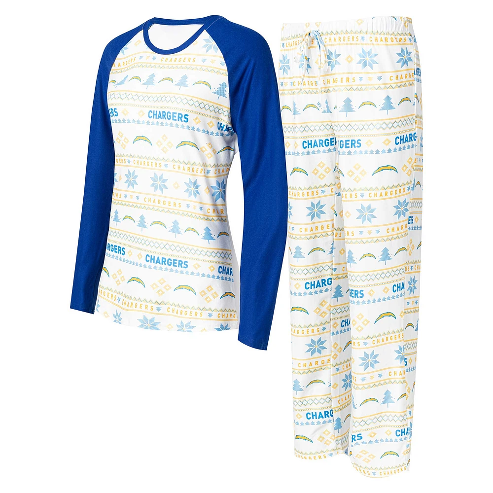 Ensemble de nuit Concepts Sport blanc/bleu poudré pour femmes, Los Angeles Chargers Tinsel raglan, t-shirt à manches longues et pantalon