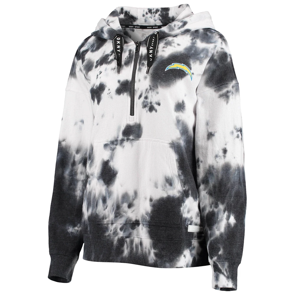 Women's DKNY Sport White/Black Los Angeles Chargers Dakota Oversized Tie-Dye Half-Zip Hoodie