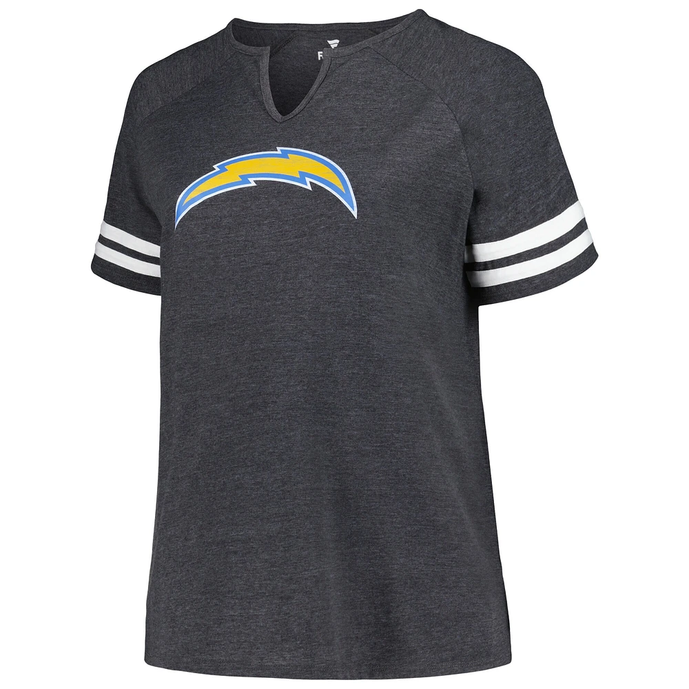 Women's Fanatics Heather Charcoal Los Angeles Chargers Plus Logo Notch Neck Raglan Sleeve T-Shirt