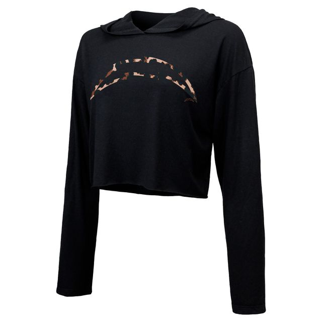 Majestic Threads pour femmes Justin Herbert Noir Los Angeles Chargers Léopard Nom et numéro du joueur Sweat à capuche court manches longues