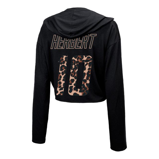 Majestic Threads pour femmes Justin Herbert Noir Los Angeles Chargers Léopard Nom et numéro du joueur Sweat à capuche court manches longues