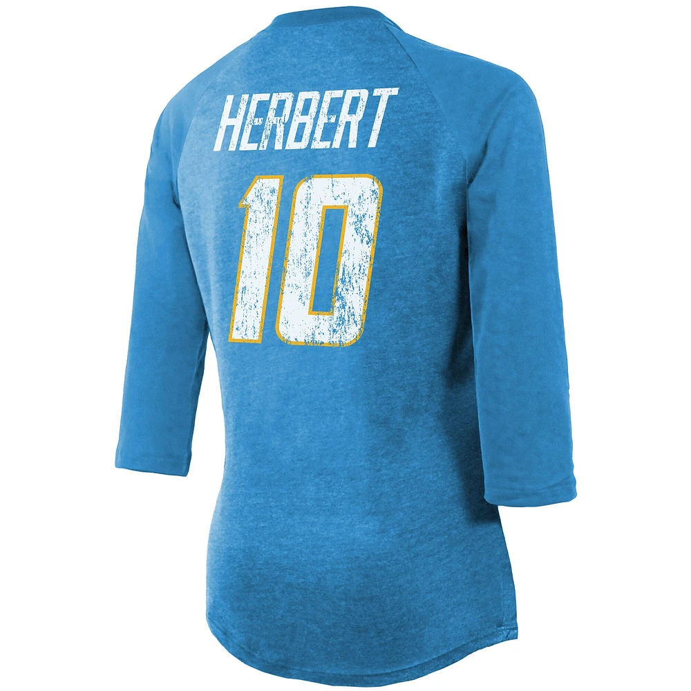 Women's Majestic Threads Justin Herbert Powder Blue Los Angeles Chargers Player Name & Number Tri-Blend 3/4-Sleeve Fitted T-Shirt