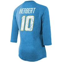 Women's Majestic Threads Justin Herbert Powder Blue Los Angeles Chargers Player Name & Number Tri-Blend 3/4-Sleeve Fitted T-Shirt