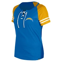 Women's New Era Powder Blue Los Angeles Chargers  Lace-Up Raglan T-Shirt