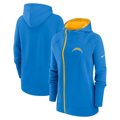 Sweat à capuche zippé et raglan asymétrique Los Angeles Chargers Nike bleu poudré pour femme