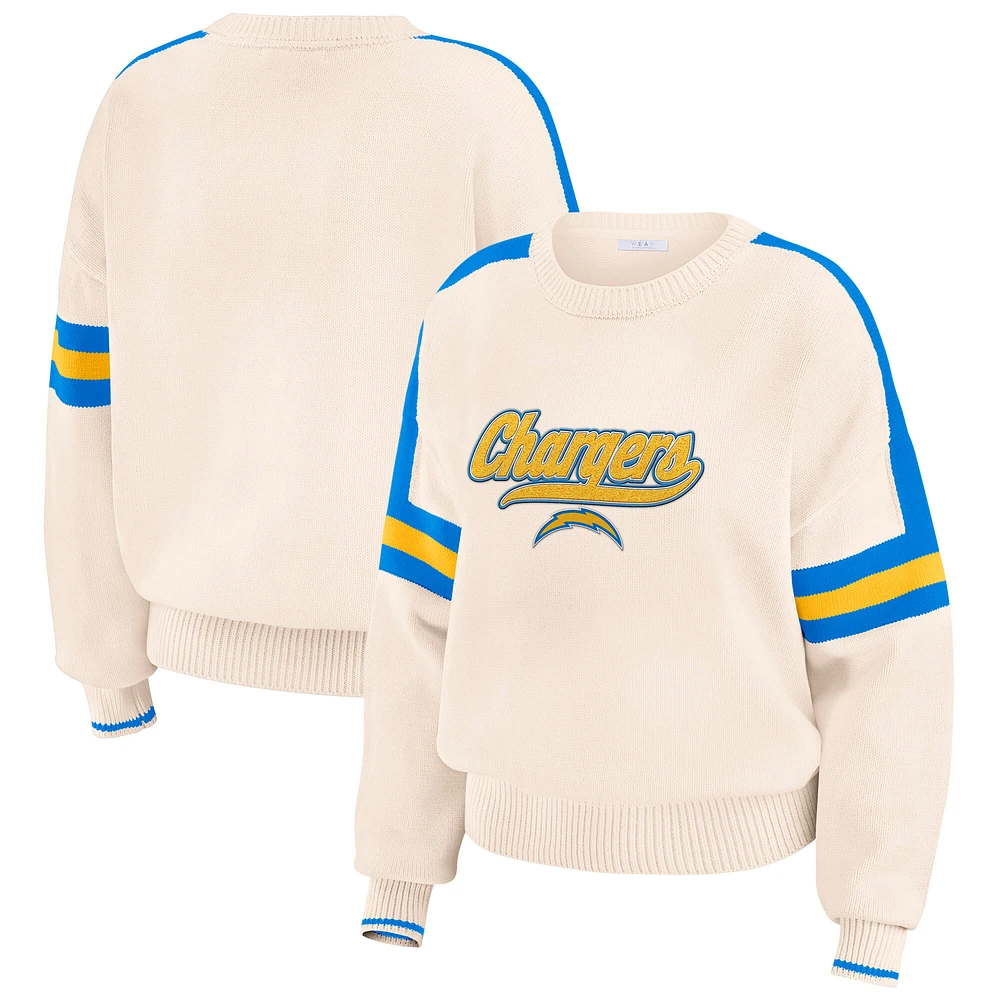 Women's WEAR by Erin Andrews Cream Los Angeles Chargers Stripe Pullover Sweater