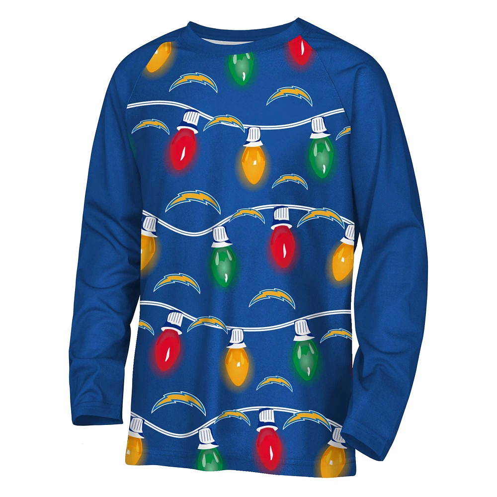 Youth Los Angeles Chargers Two-Piece Garland Holiday Long Sleeve Pajama Set
