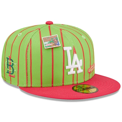 Men's New Era Pink/Green Los Angeles Dodgers MLB x Big League Chew - Wild Pitch Watermelon Flavor Pack 59FIFTY Fitted Hat