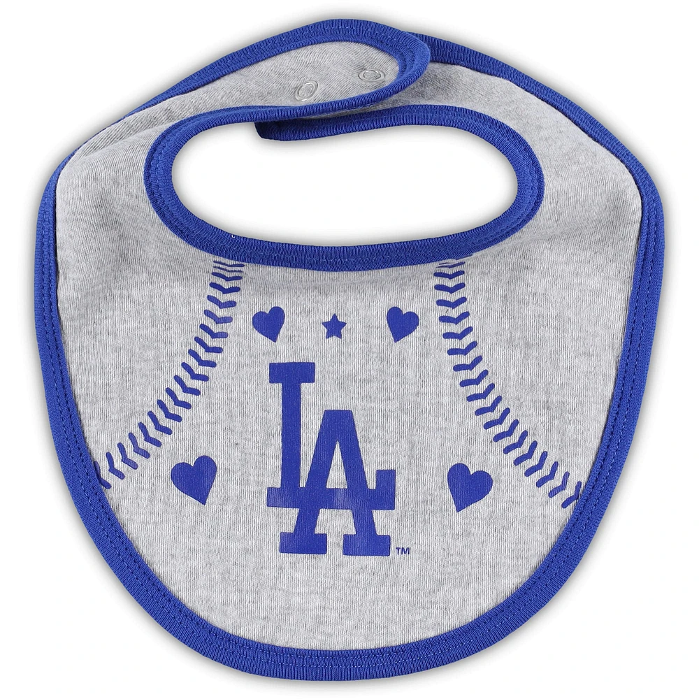 Ensemble trois pièces Love of Baseball Bib Body et chaussons Royal/Heather Grey Los Angeles Dodgers pour nouveau-né bébé