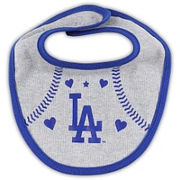 Ensemble trois pièces Love of Baseball Bib Body et chaussons Royal/Heather Grey Los Angeles Dodgers pour nouveau-né bébé