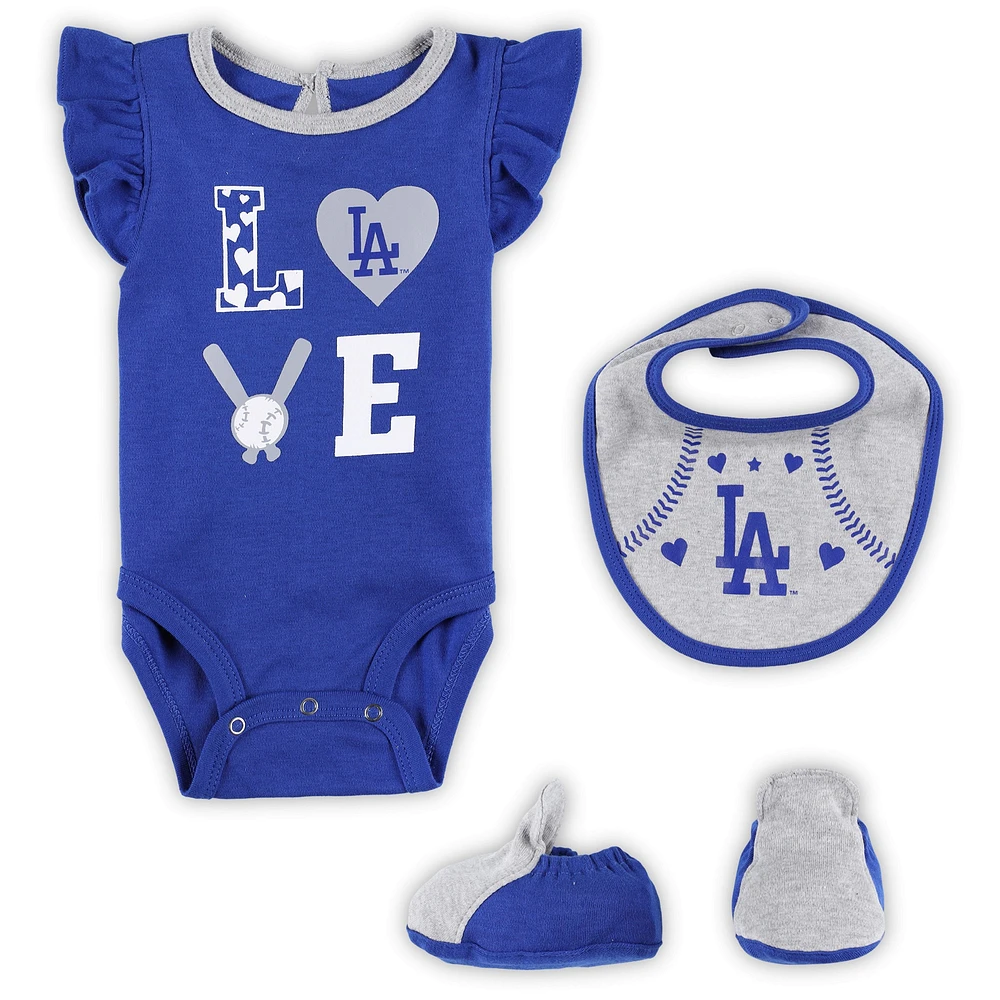Ensemble trois pièces Love of Baseball Bib Body et chaussons Royal/Heather Grey Los Angeles Dodgers pour nouveau-né bébé