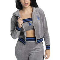 Ensemble pantalon de survêtement, sweat à capuche court entièrement zippé et soutien-gorge Lusso Grey Los Angeles Dodgers Niko-Neve-Nic pour femmes