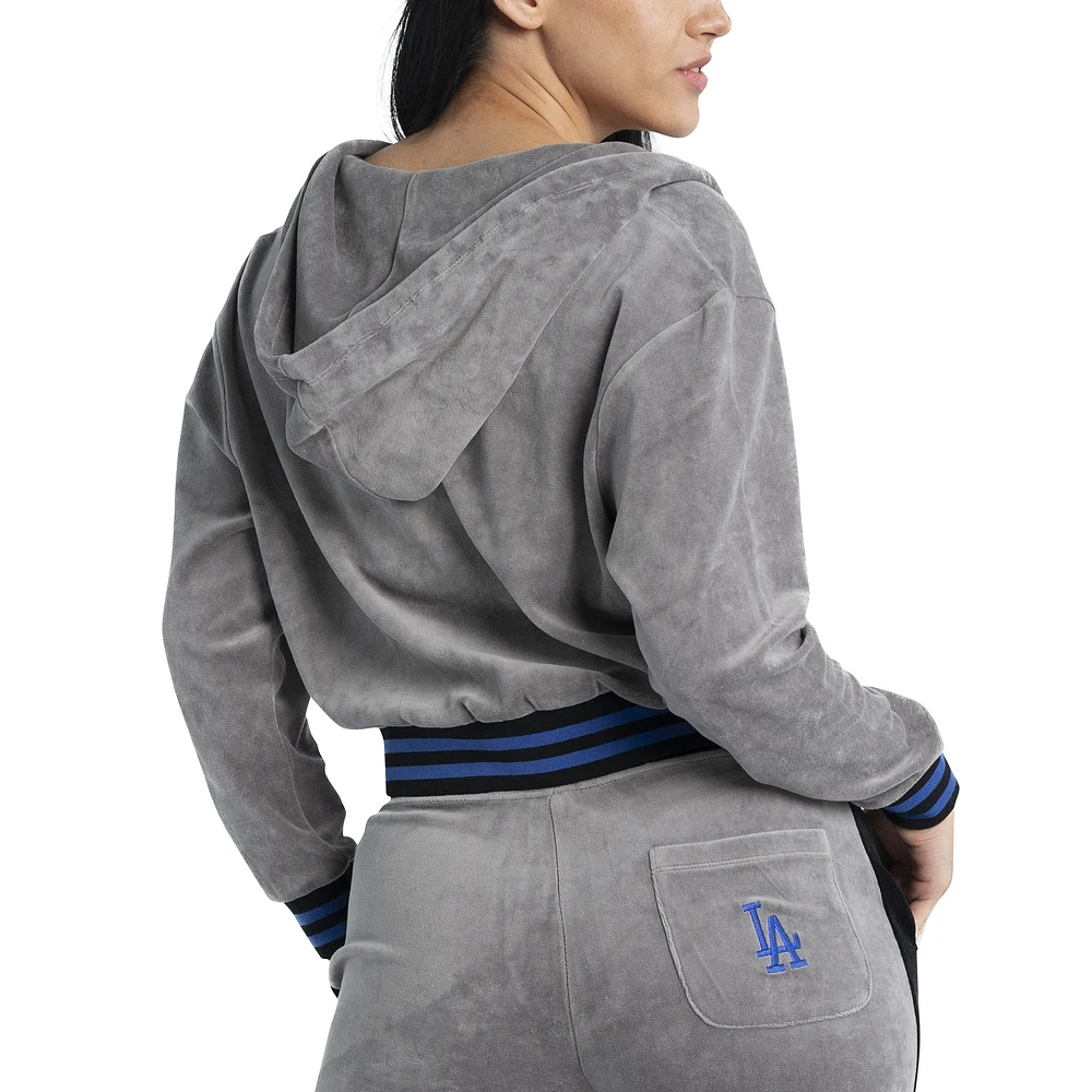 Ensemble pantalon de survêtement, sweat à capuche court entièrement zippé et soutien-gorge Lusso Grey Los Angeles Dodgers Niko-Neve-Nic pour femmes