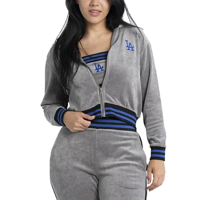 Ensemble pantalon de survêtement, sweat à capuche court entièrement zippé et soutien-gorge Lusso Grey Los Angeles Dodgers Niko-Neve-Nic pour femmes