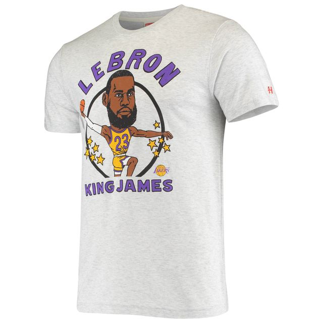 Hommage LeBron James Heathered Ash Los Angeles Lakers Caricature T-shirt triple mélange pour homme