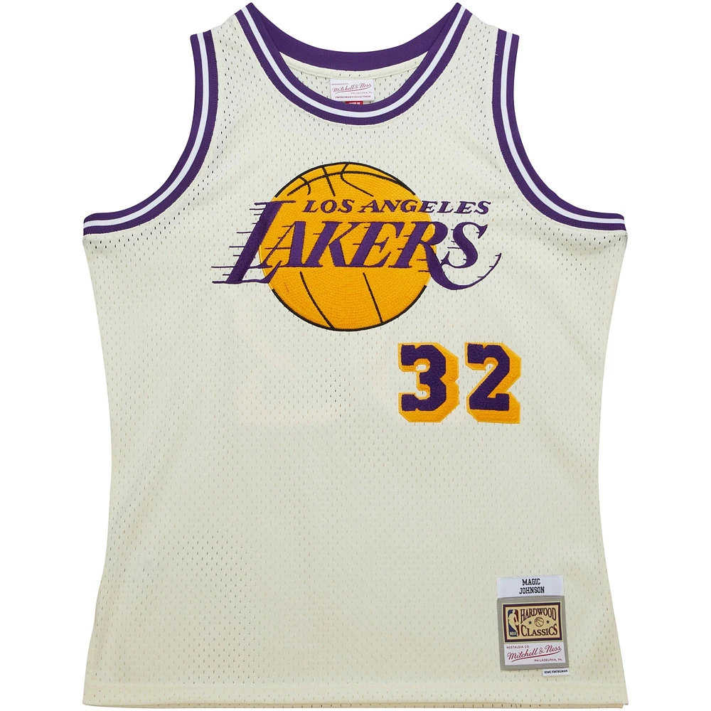 Men's Mitchell & Ness Magic Johnson Cream Los Angeles Lakers Chainstitch Swingman Jersey