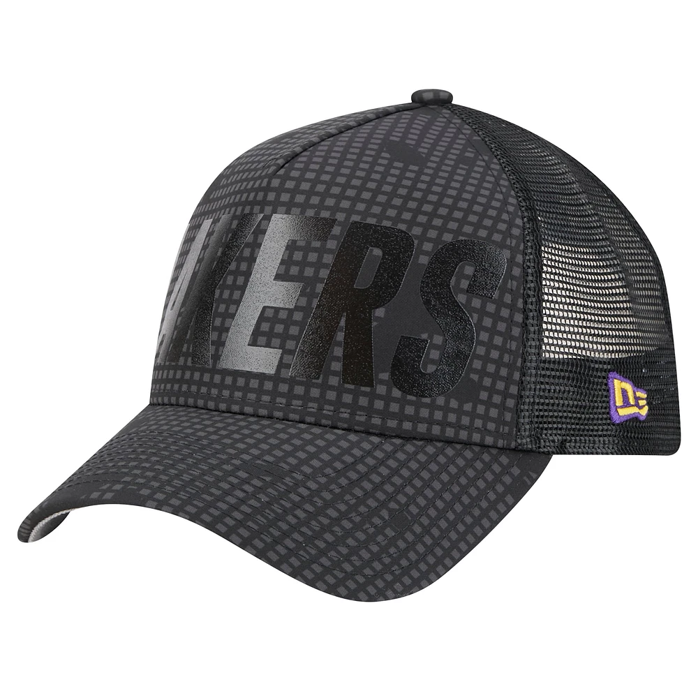 Men's New Era Black Los Angeles Lakers Midnight Ink Tonal A-Frame Trucker 9FORTY Adjustable Hat