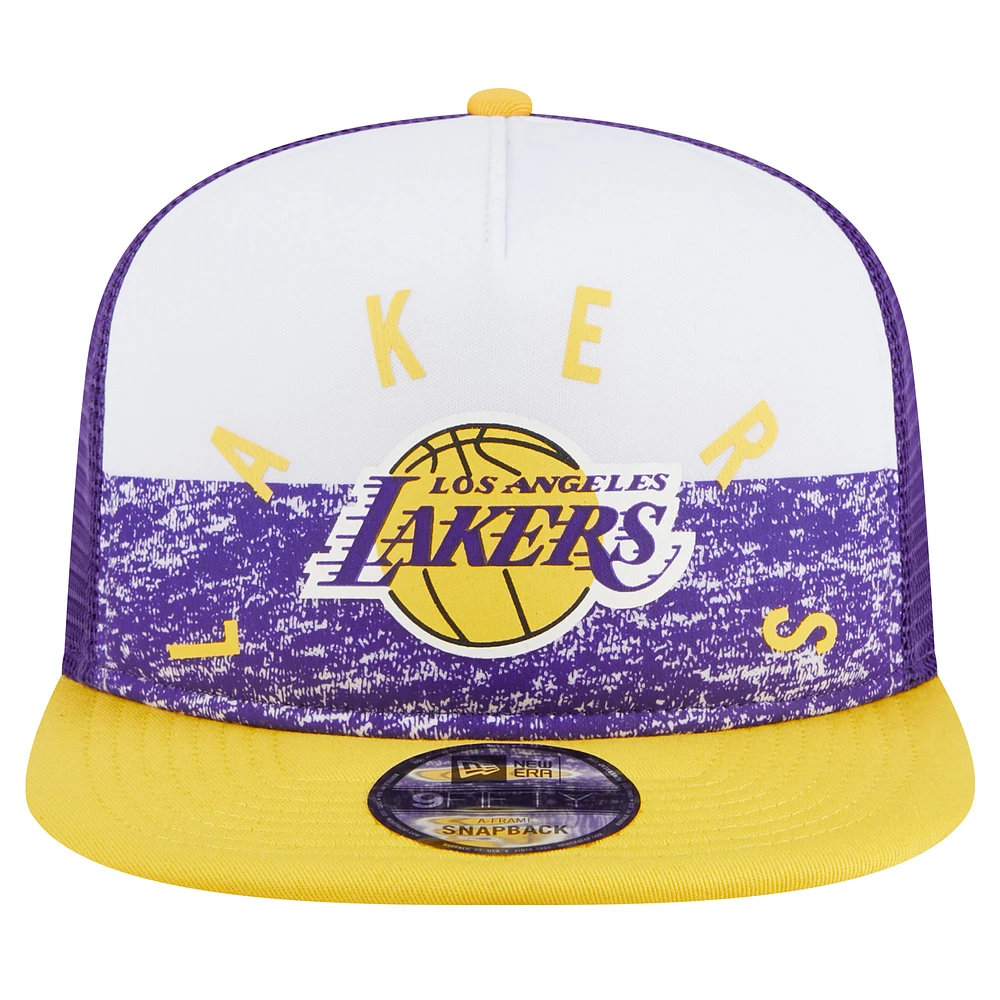 Men's New Era Purple Los Angeles Lakers Arch A-Frame Trucker 9FIFTY Snapback Hat