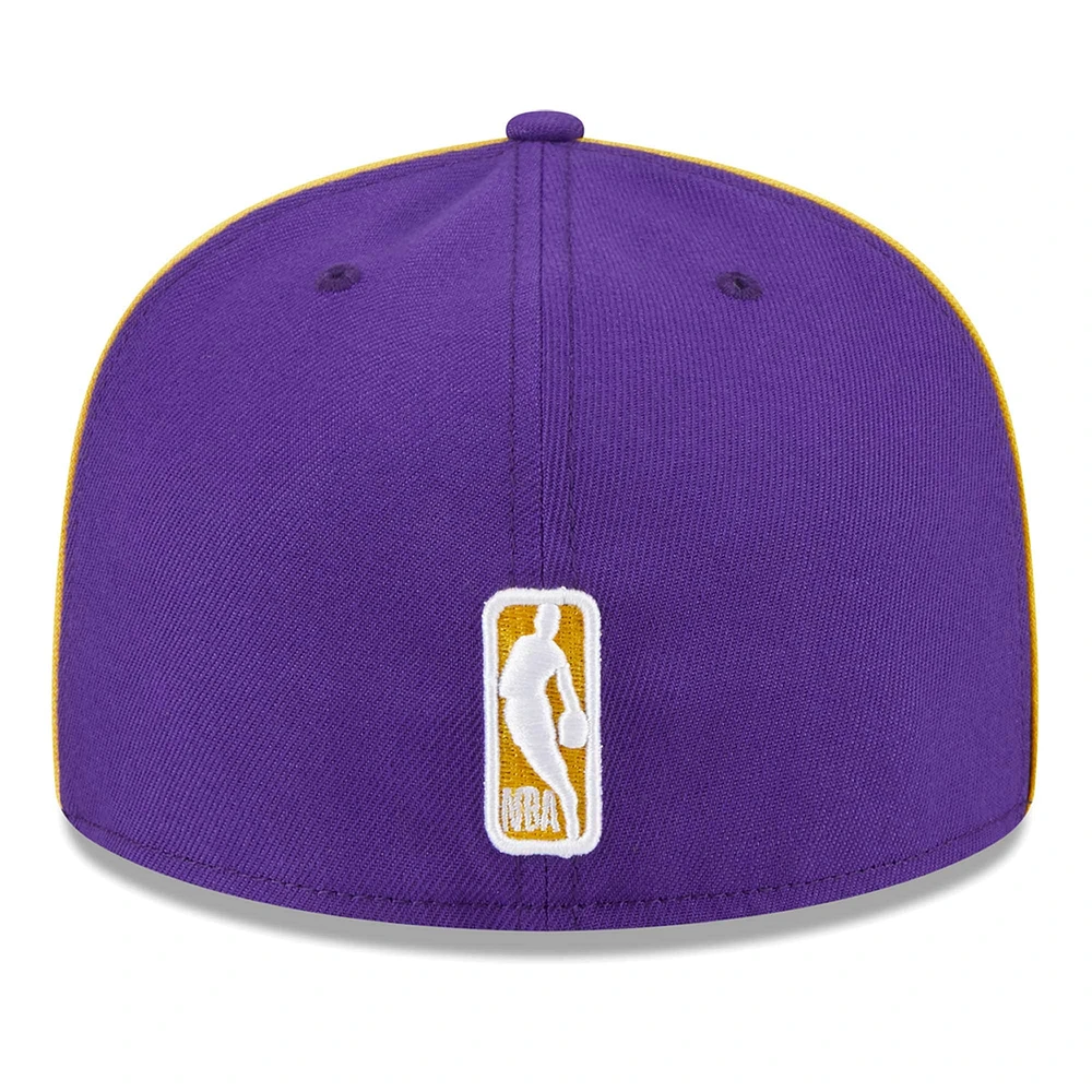 Men's New Era Purple Los Angeles Lakers Piped & Flocked 59Fifty Fitted Hat