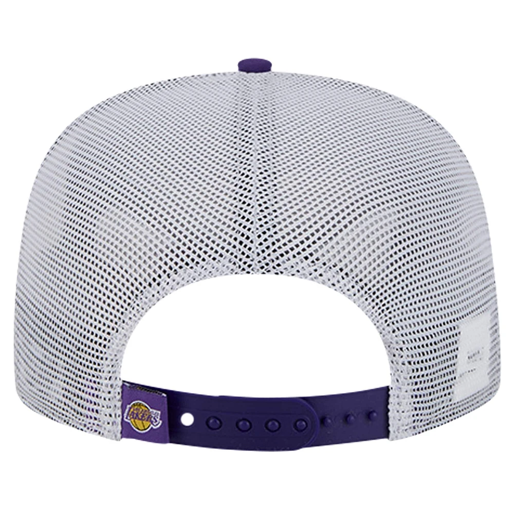 Men's New Era Purple Los Angeles Lakers Puff Print Team Code A-Frame 9FIFTY Trucker Snapback Hat
