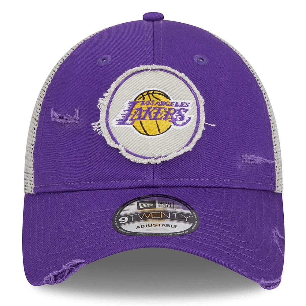 Men's New Era Purple Los Angeles Lakers  Rally Drive Distressed Patch 9TWENTY Trucker Adjustable Hat