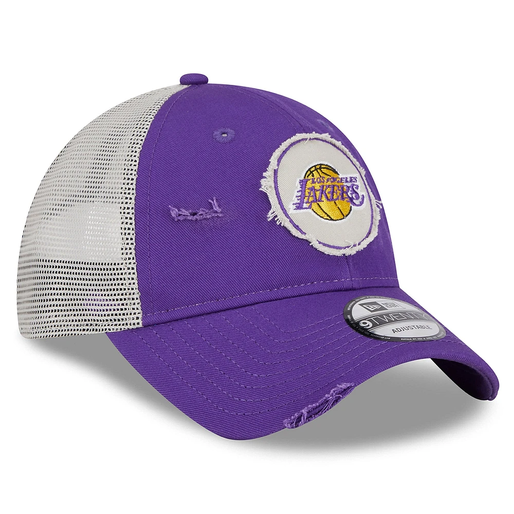 Men's New Era Purple Los Angeles Lakers  Rally Drive Distressed Patch 9TWENTY Trucker Adjustable Hat