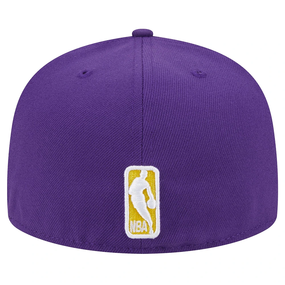 Men's New Era Purple Los Angeles Lakers Sport Night Script Sided 59FIFTY Fitted Hat