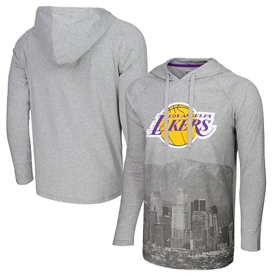 T-shirt à capuche manches longues Stadium Essentials gris chiné Los Angeles Lakers Atrium Raglan pour hommes