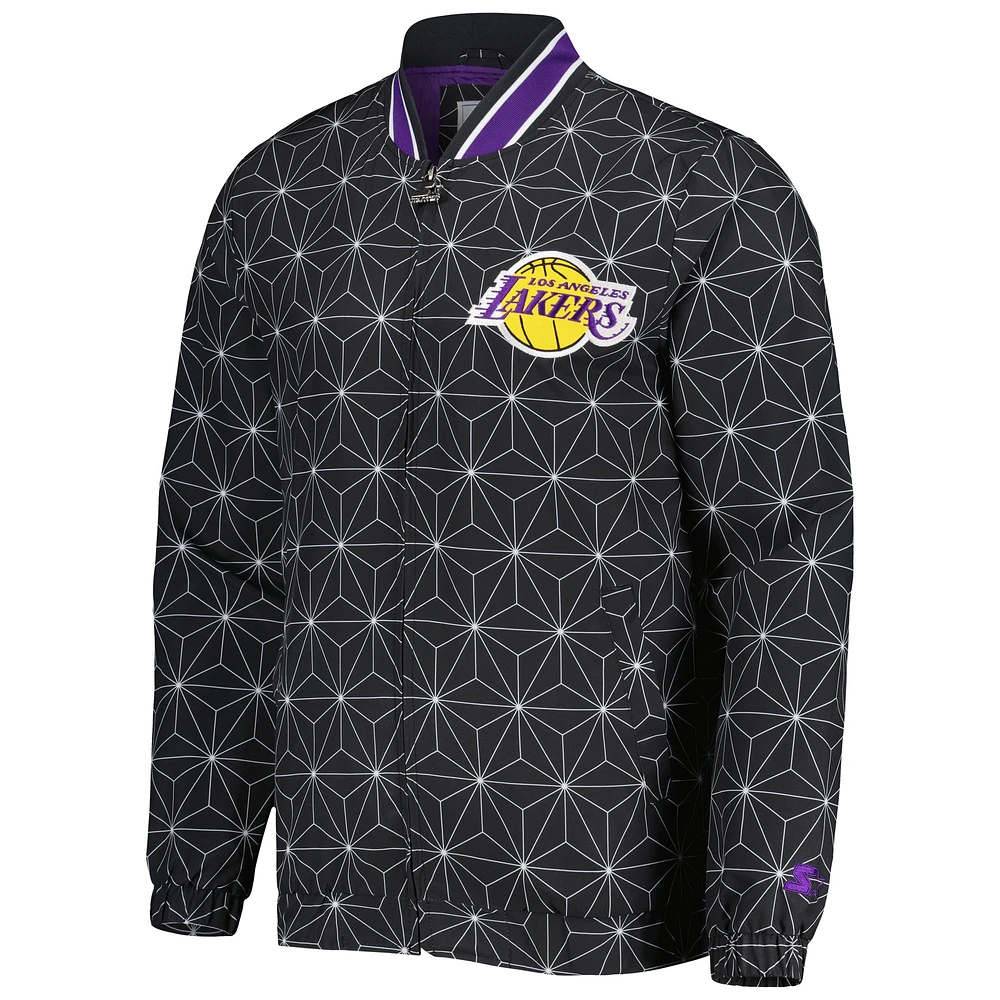 Men's Starter Black Los Angeles Lakers In-Field Play Fashion Satin Full-Zip Varsity Jacket
