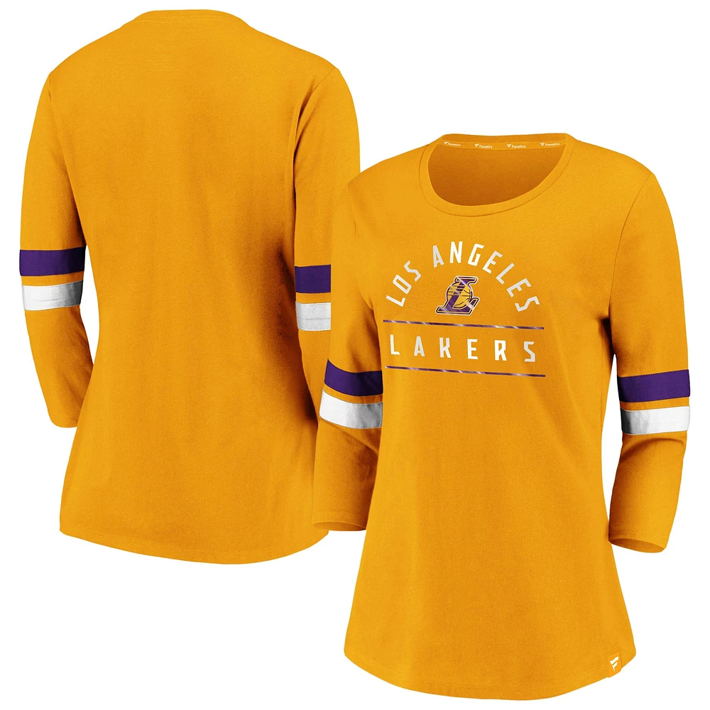 T-shirt à manches 3/4 emblématique et moderne des Los Angeles Lakers Fanatics Gold pour femme