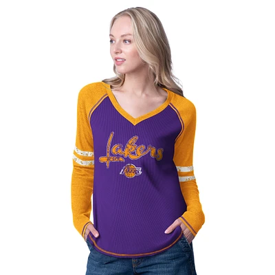 T-shirt thermique à manches longues en tricot gaufré violet/doré G-III 4Her par Carl Banks pour femme des Los Angeles Lakers Winner