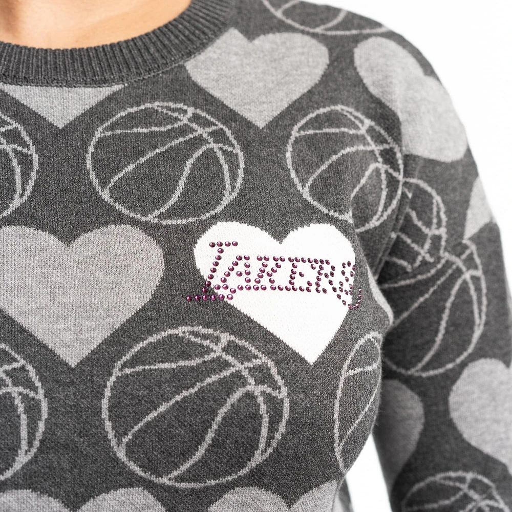 Women's Lusso Charcoal Los Angeles Lakers Basketball Love Swarovski Crystal Intarsia Pullover Sweater