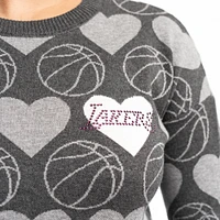 Women's Lusso Charcoal Los Angeles Lakers Basketball Love Swarovski Crystal Intarsia Pullover Sweater