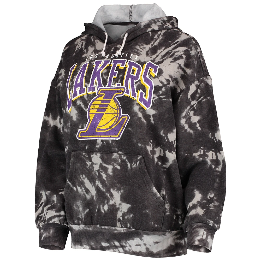 Women's Majestic Threads Black Los Angeles Lakers Burble Tie-Dye Tri-Blend Pullover Hoodie
