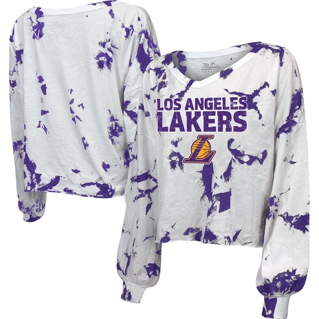 T-shirt à manches longues et col en V Aquarius Los Angeles Lakers Majestic Threads blanc pour femme