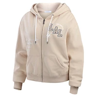Women's WEAR by Erin Andrews Tan Los Angeles Lakers Tonal Felt Patch Full-Zip Hoodie