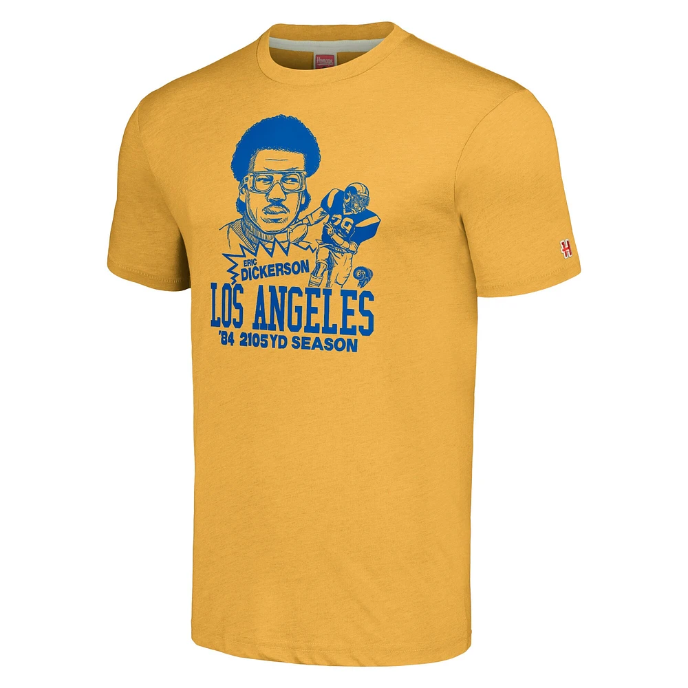Men's Homage  Eric Dickerson Heathered Gold Los Angeles Rams Caricature Retired Player Tri-Blend T-Shirt
