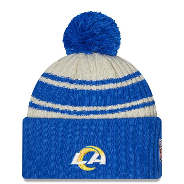Pour homme New Era Crème/Royal Los Angeles Rams 2022 Sideline - Tuque en tricot à revers sport avec pompons