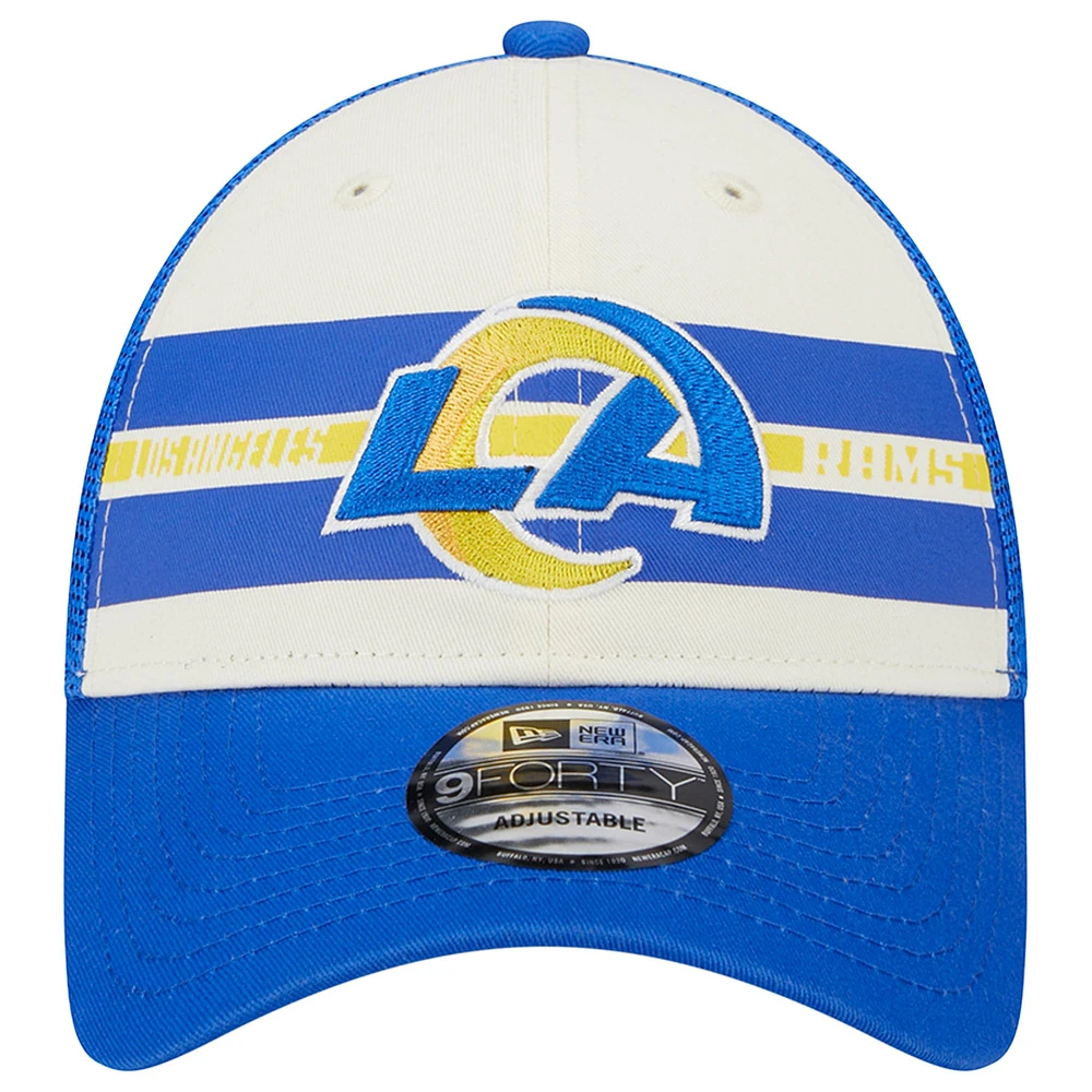 Men's New Era Cream/Royal Los Angeles Rams Team Stripe Trucker 9FORTY Snapback Hat