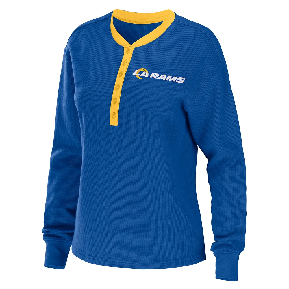 Women's WEAR by Erin Andrews Royal Los Angeles Rams Waffle Henley Long Sleeve T-Shirt