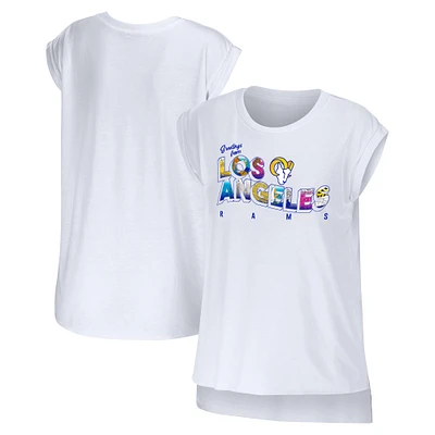Women's WEAR by Erin Andrews White Los Angeles Rams Greetings From Muscle T-Shirt