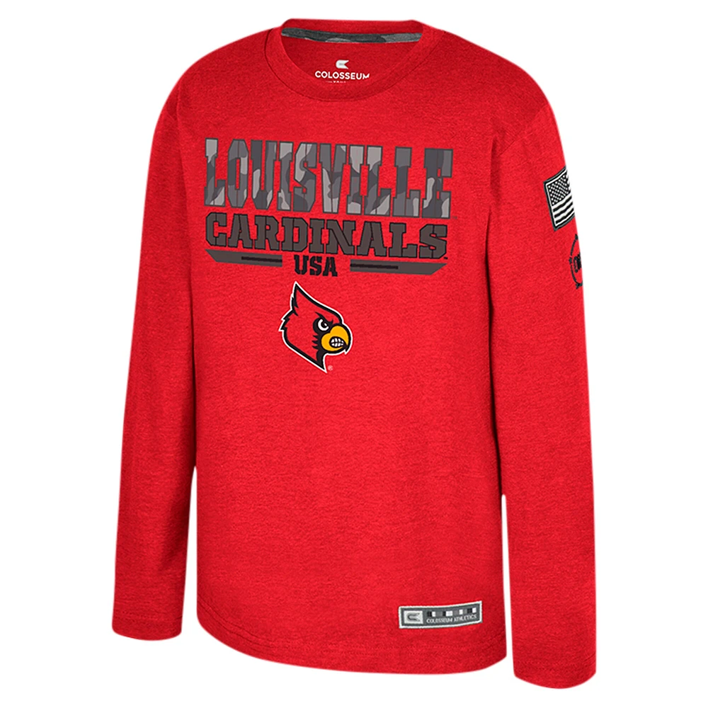 Youth Colosseum Heather Red Louisville Cardinals OHT Military Appreciation Oorah Long Sleeve T-Shirt