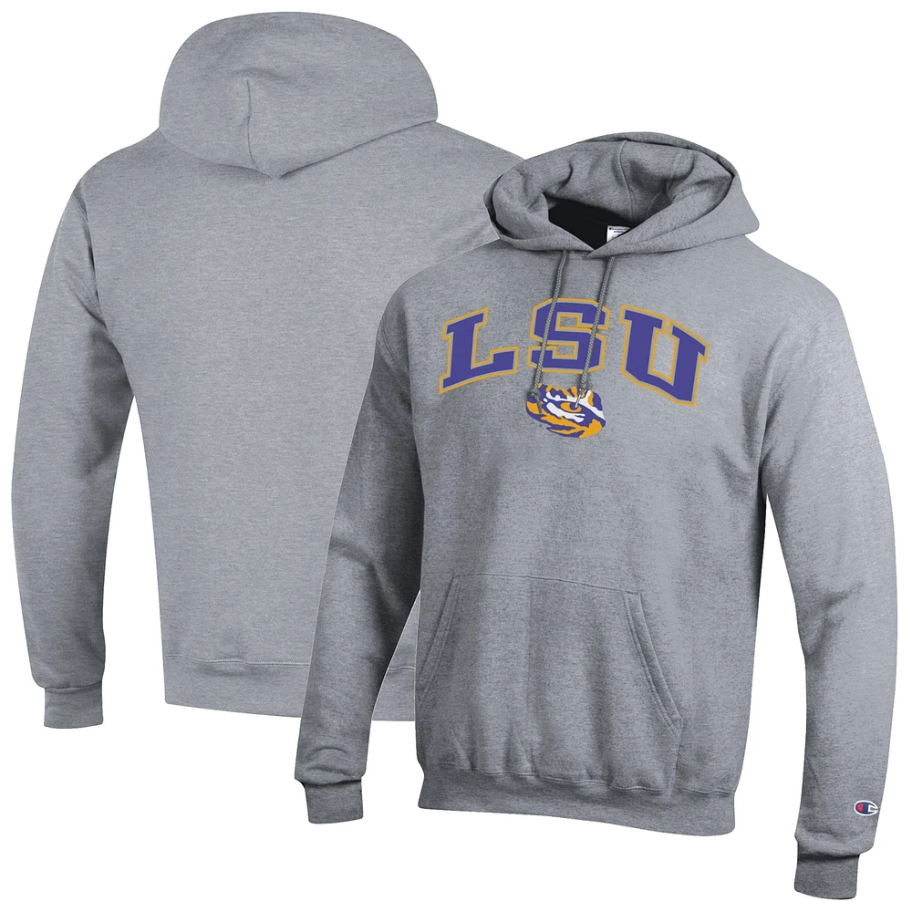 Men's Champion  Heather Gray LSU Tigers Arch Over Logo Pullover Hoodie