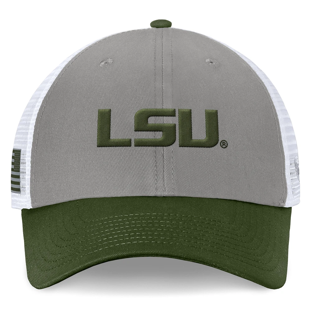Men's Top of the World Gray/Green LSU Tigers OHT Military Appreciation Badge Trucker Adjustable Hat
