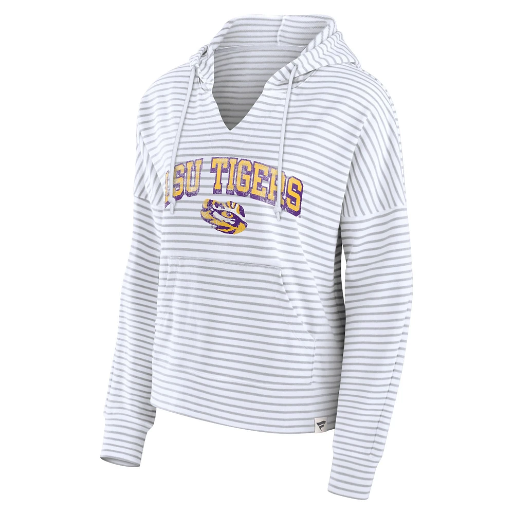 Women's Fanatics  White LSU Tigers Striped Notch Neck Pullover Hoodie