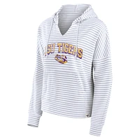 Women's Fanatics  White LSU Tigers Striped Notch Neck Pullover Hoodie
