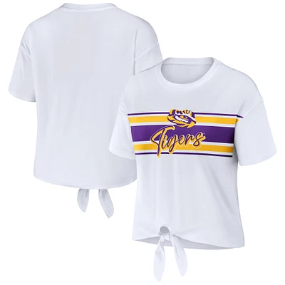 WEAR by Erin Andrews - T-shirt court rayé blanc avec nœud sur le devant LSU Tigers pour femme